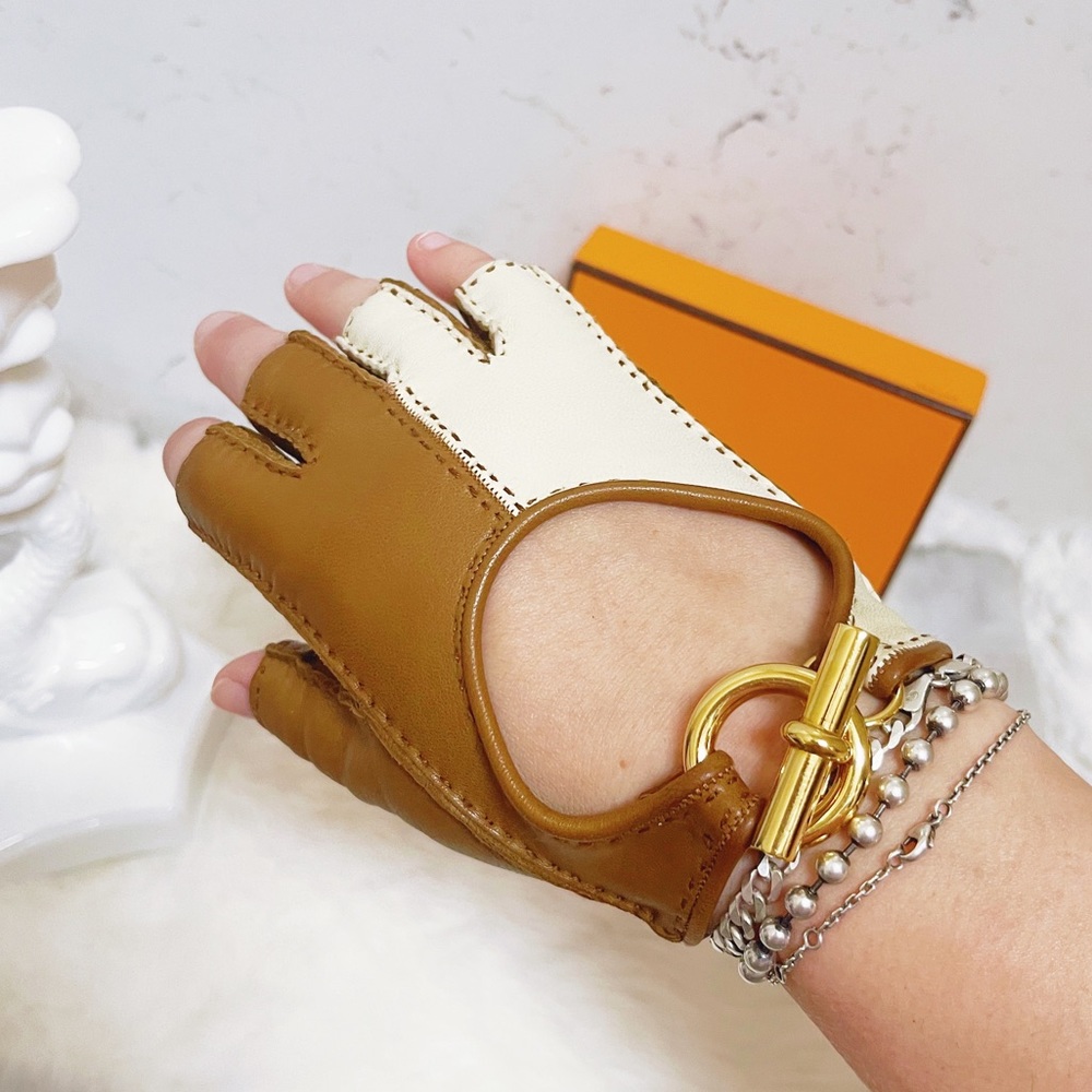 Authentic Hermes Rare Glenan Bi-Color Cream & Camel Fingerless Leather Gloves - Picture 8 of 13